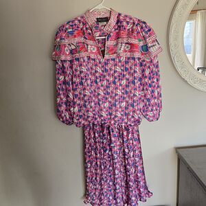 Vtg Diane Freis Pink Hearts 2 pc dress Top Skirt 3/4 Sleeve Dress Set Valentines